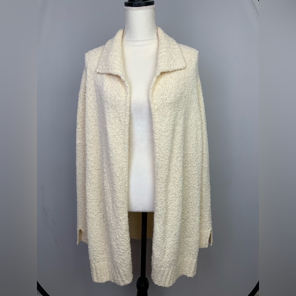 ST. JOHN Sz Medium Cream‎ Bouclé Linen Blend Collared Longline Cardigan Duster